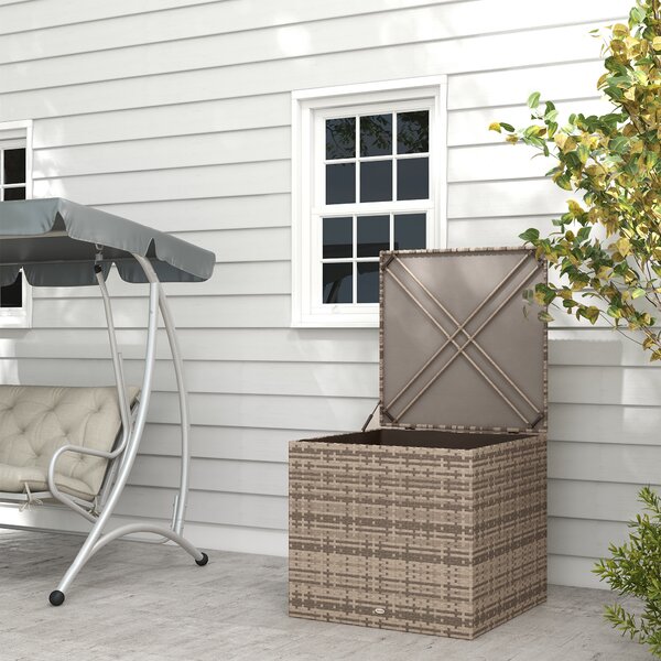 Outsunny Baule da Esterno in Rattan PE e Acciaio con Fodera Interna, 75x75x70 cm, Nero e color Sabbia|Aosom