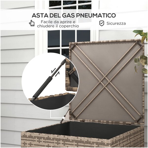 Outsunny Baule da Esterno in Rattan PE e Acciaio con Fodera Interna, 75x75x70 cm, Nero e color Sabbia|Aosom