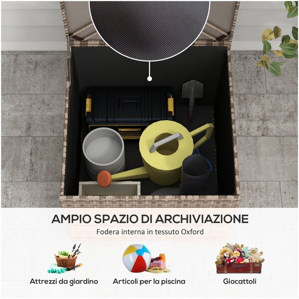 Outsunny Baule da Esterno in Rattan PE e Acciaio con Fodera Interna, 75x75x70 cm, Nero e color Sabbia|Aosom