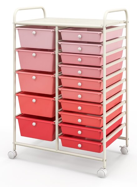 Costway Carrello con 15 cassetti estraibili e ruote con freno, Carrello multiuso per casa ufficio scuola Rosa