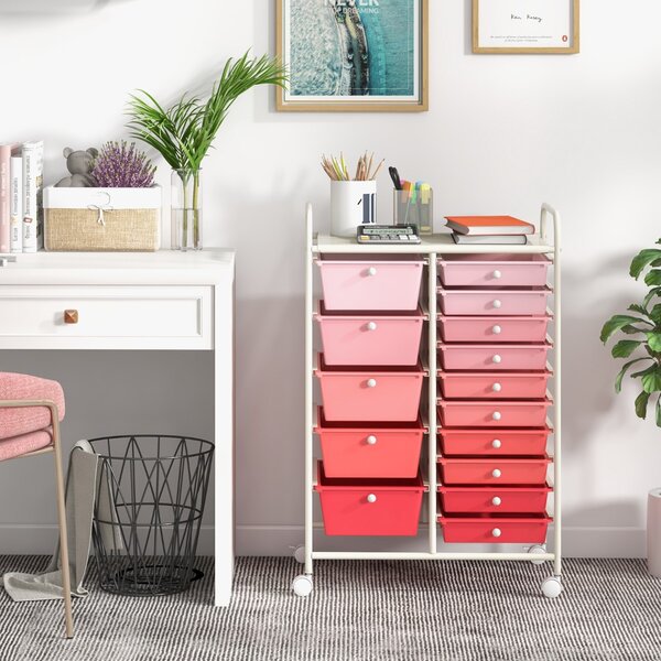 Costway Carrello con 15 cassetti estraibili e ruote con freno, Carrello multiuso per casa ufficio scuola Rosa