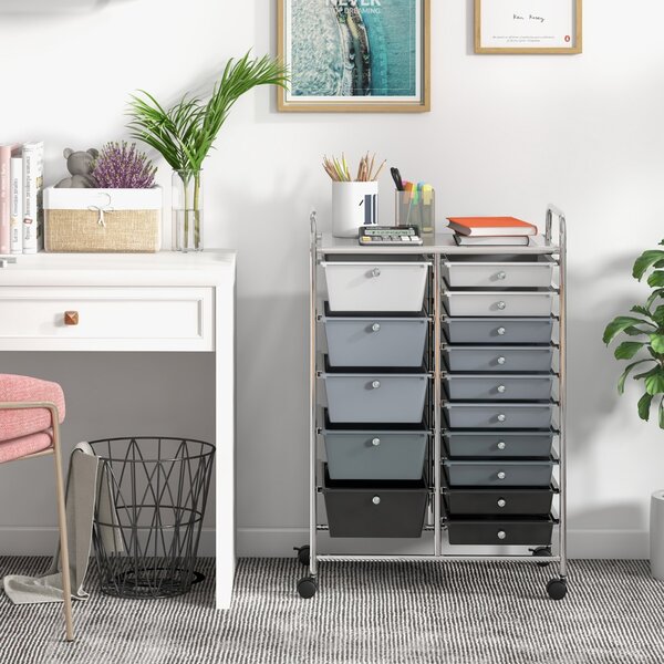 Costway Carrello con 15 cassetti estraibili e ruote con freno, Carrello multiuso per casa ufficio scuola Argento