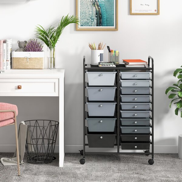Costway Carrello con 15 cassetti estraibili e ruote con freno, Carrello multiuso per casa ufficio scuola Grigio