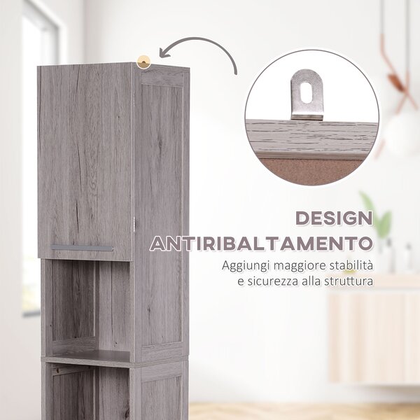 Kleankin Colonna Bagno Multifunzione, 2 Armadietti, 2 Ripiani Aperti, in MDF - 30x32x172.5 cm, Color Legno|Aosom