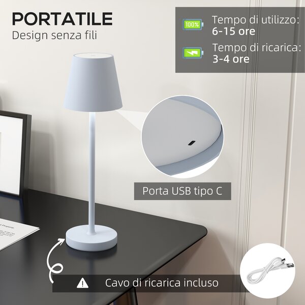 HOMCOM Lampada da Tavolo Portatile in Acrilico e Metallo da 3600mAh con Cavo di Ricarica, Ø11.2x36.5 cm, Grigio | Aosom Italy