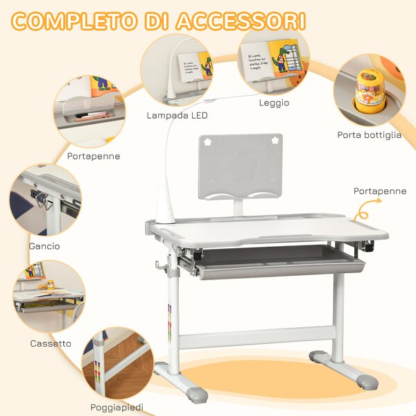 HOMCOM Set Tavolo e Sedie per 6-12 Anni con Altezza e Inclinazione Regolabile, leggio, portapenne, porta tazza e Lampada USB,Grigio|Aosom Italy