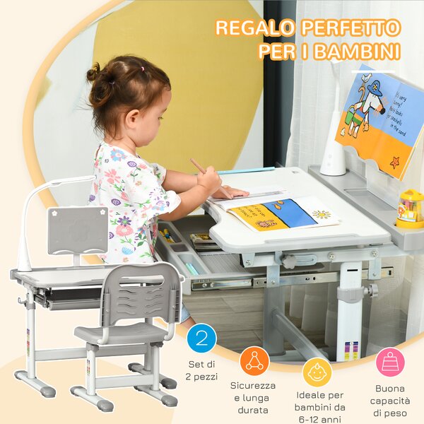 HOMCOM Set Tavolo e Sedie per 6-12 Anni con Altezza e Inclinazione Regolabile, leggio, portapenne, porta tazza e Lampada USB,Grigio|Aosom Italy