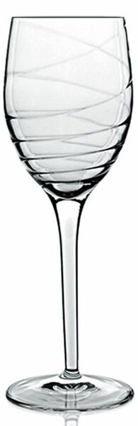 Una raffinata curvatura disegna questo calice dalla linea classica e delicata in vetro cristallino di elevata brillantezza e trasparenza, adatto in tavola per servire vino bianco oppure acqua