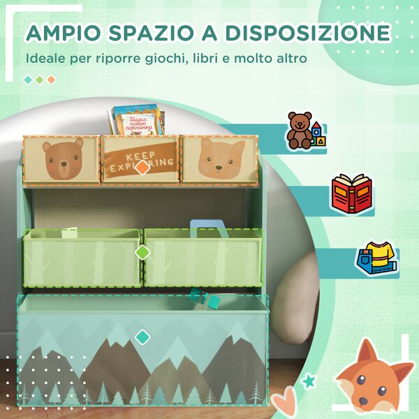 ZONEKIZ Scaffale Portagiochi per Bambini con 6 Contenitori Rimovibili in Tessuto, 63x30x66cm, Verde|Aosom