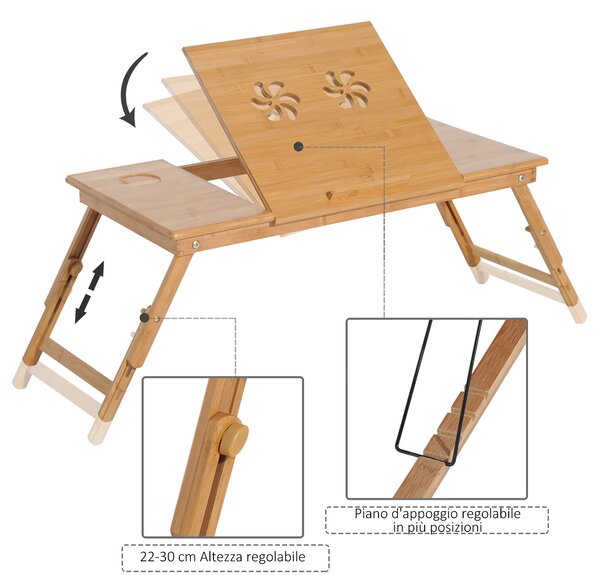 HOMCOM Tavolino da Letto per PC Pieghevole e Inclinabile con Cassetto, 72x35x22-30, Colore Legno|Aosom