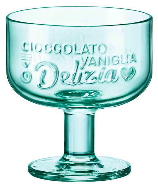 <p>Coppa tondeggiante in vetro colorato con una divertente e piacevolissima incisione del vetro CIOCCOLATA VANIGLIA DELIZIA stile Art Decò, che tanti ricorda i segni grafici degli anni&#39; 30.</p>