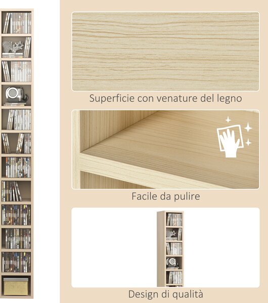 HOMCOM Mobile Libreria Porta CD a 12 Ripiani per 204 CD, in MDF e Truciolato, 21x20x175 cm, color Legno