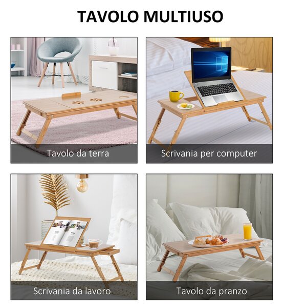 HOMCOM Tavolino da Letto per PC Pieghevole e Inclinabile con Cassetto, 72x35x22-30, Colore Legno|Aosom