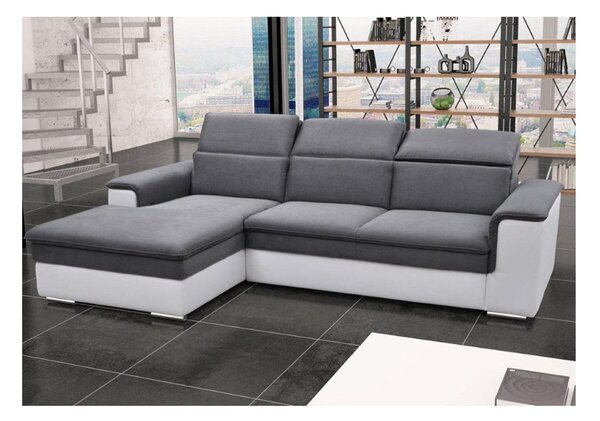 Divano letto angolare in tessuto e similpelle Bicolore bianco e grigio - Angolo a sinistra - CONNOR