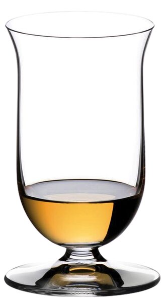 Calice in vetro soffiato a forma di tulipano con il gambo corto creato dai maestri vetrai di Riedel con lo specifico intento di valorizzare tutte le caratteristiche di pregiati whisky Single Malt