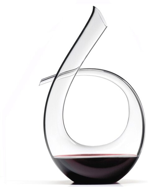 Decanter in vetro soffiato "a bocca aperta", originale decoro nero inserito nel vetro fuso, la sua forma curva è perfetto per la decantazione del vino ed è una gioia portarlo in tavola