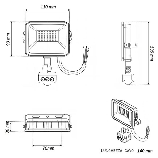 Faro LED 20W IP65 Bianco con Sensore di Movimento e OSRAM chip LED Colore Bianco Caldo 3.000K
