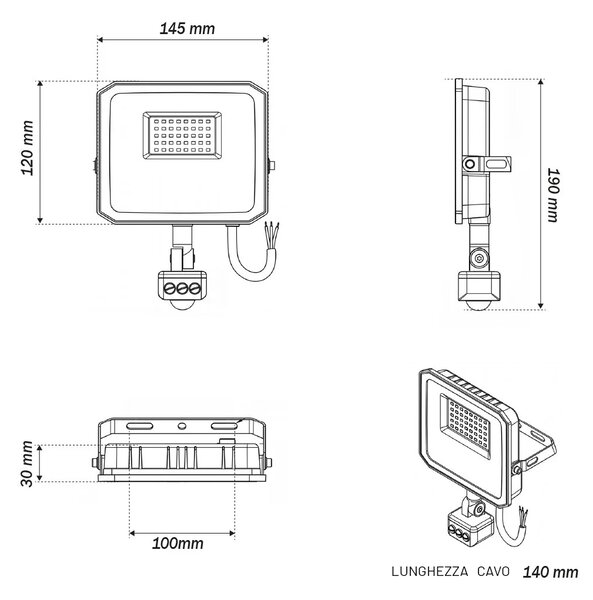 Faro LED 30W IP65 Bianco con Sensore di Movimento e OSRAM chip LED Colore Bianco Caldo 3.000K