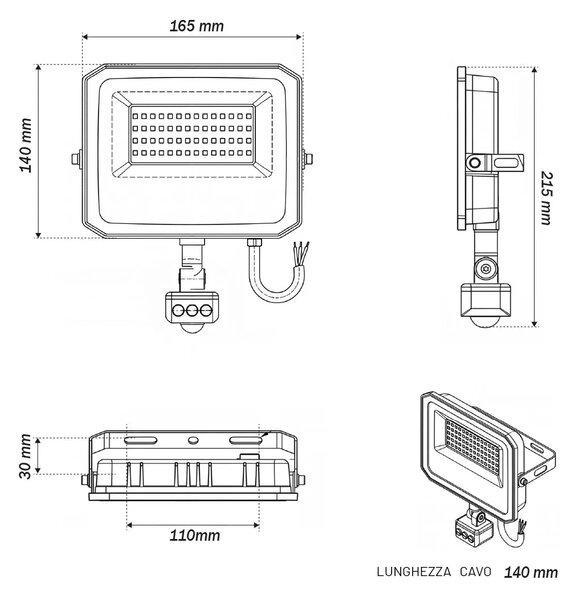 Faro LED 50W IP65 Bianco con Sensore di Movimento e OSRAM chip LED Colore Bianco Caldo 3.000K