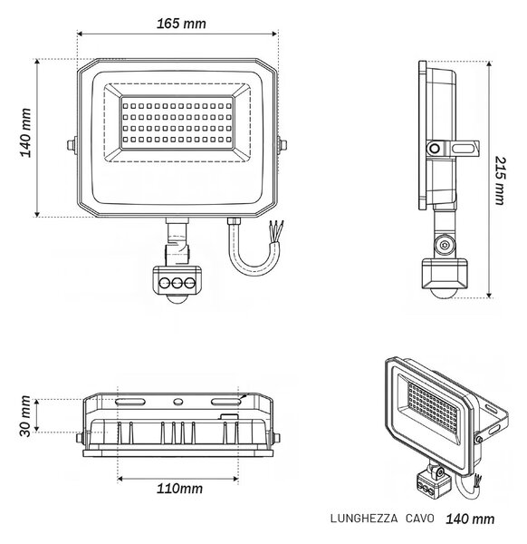 Faro LED 50W IP65 Nero con Sensore di Movimento e OSRAM chip LED Colore Bianco Caldo 3.000K