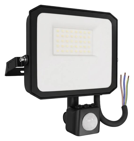 Faro LED 30W IP65 Nero con Sensore di Movimento e OSRAM chip LED Colore Bianco Caldo 3.000K