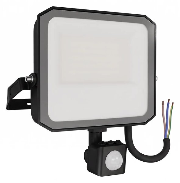 Faro LED 50W IP65 Nero con Sensore di Movimento e OSRAM chip LED Colore Bianco Caldo 3.000K