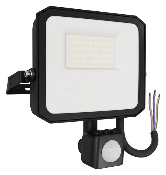 Faro LED 30W IP65 Nero con Sensore di Movimento e OSRAM chip LED Colore Bianco Caldo 3.000K