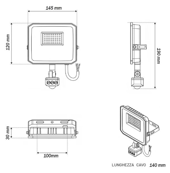 Faro LED 30W IP65 Nero con Sensore di Movimento e OSRAM chip LED Colore Bianco Caldo 3.000K