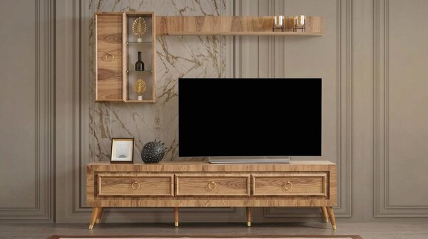 Mobile TV a parete, pensile, scaffale. Stile moderno, colore marrone. Spazioso e pratico