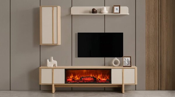 Mobile TV a parete, pensile, ripiano, stile moderno, beige, camino