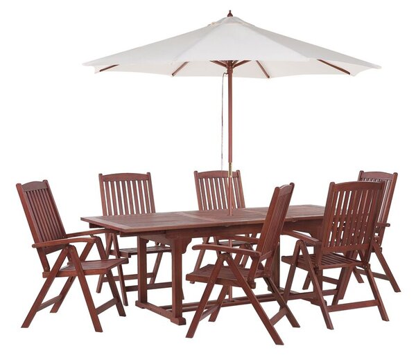 Tavolo da pranzo da giardino in legno di acacia con ombrellone Tavolo allungabile 6 sedie con schienale pieghevole in stile rustico Beliani
