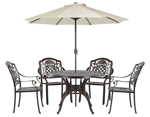 Set da pranzo da giardino Tavolo da esterno in alluminio marrone 4 sedie e ombrellone Cuscini di seduta in stile retrò Beliani