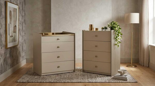 Set di comodini beige, design moderno, lussuoso, con cassetti, mobiletto contenitore