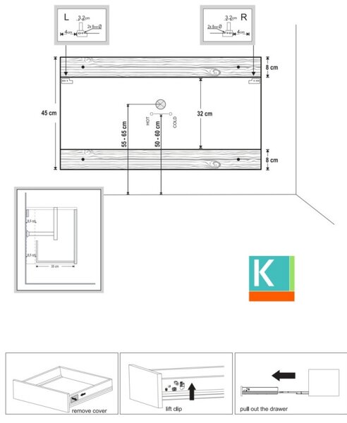 Mobile bagno 135 cm con vano a giorno a destra e doppio cassetto SP-135VD - KAMALU
