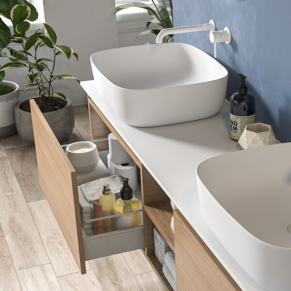 Mobile bagno sospeso 175 cm con piano bianco due cassetti e vano a giorno SP-175SS - KAMALU