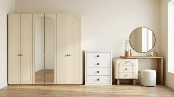 Set per camera da letto beige, moderno, composto da: tavolino da trucco, cassettiera, armadio