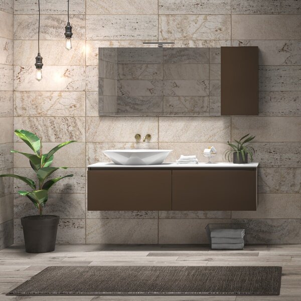 Mobile bagno sospeso 155 cm con piano da appoggio in solid surface bianco e doppio cassetto SP-155 - KAMALU