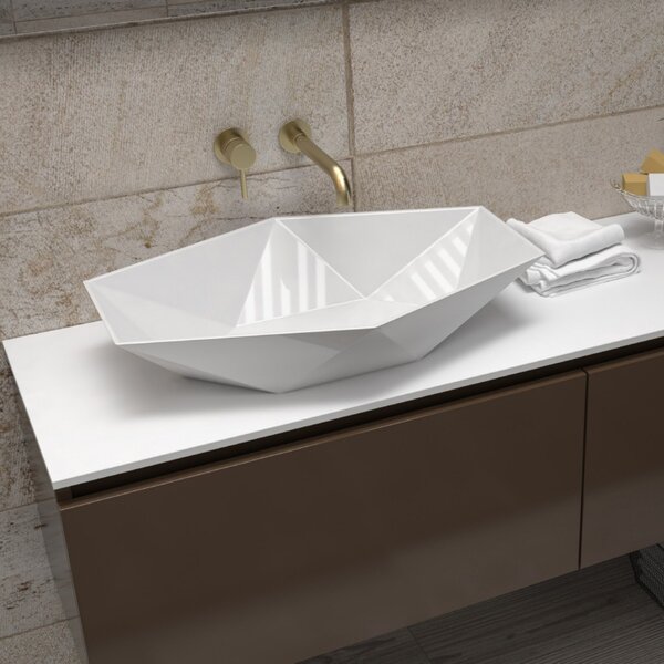 Mobile bagno sospeso 155 cm con piano da appoggio in solid surface bianco e doppio cassetto SP-155 - KAMALU