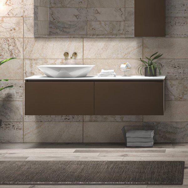 Mobile bagno sospeso 155 cm con piano da appoggio in solid surface bianco e doppio cassetto SP-155 - KAMALU