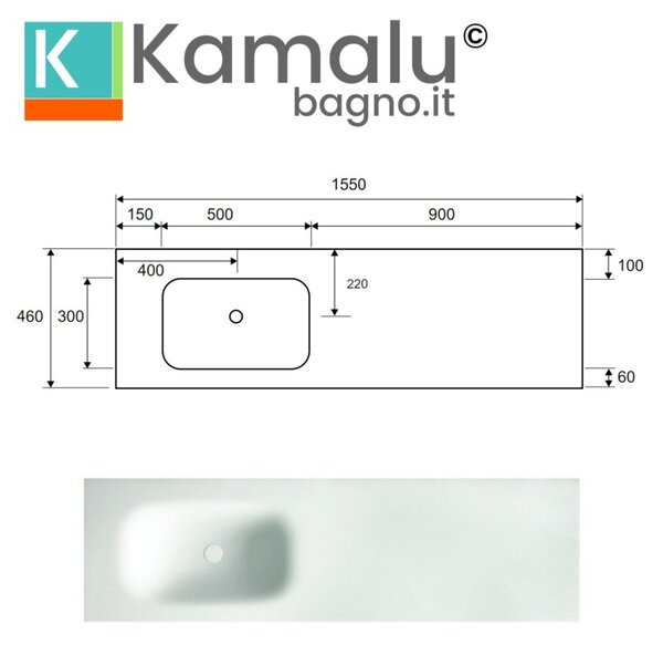 Mobile bagno sospeso 155 cm con lavabo in solid surface bianco e doppio cassetto SP-155C - KAMALU