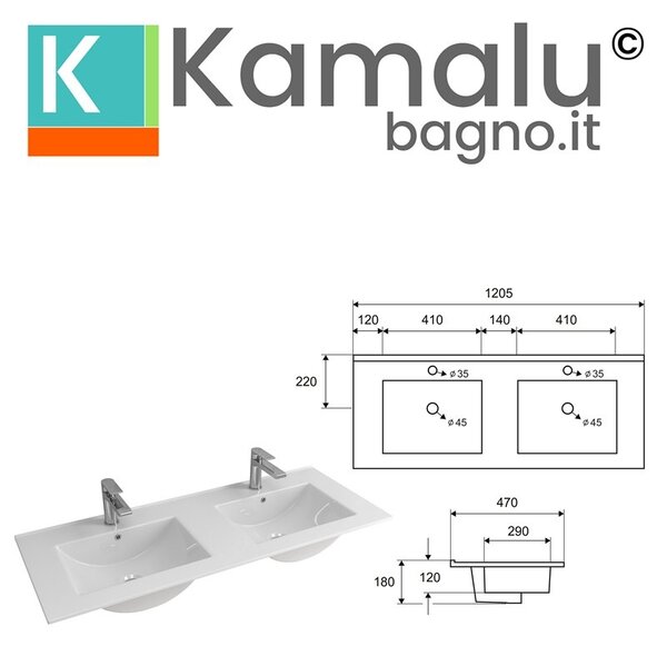 Mobile bagno da 120cm con doppio lavabo e 4 cassetti EL-120L - KAMALU