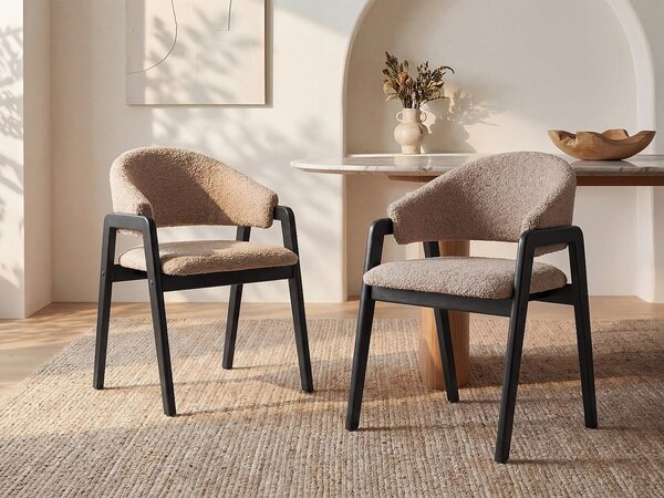 Set di 2 sedie con braccioli in Tessuto bouclette e Legno di hevea - Talpa e nero - SOLUNA