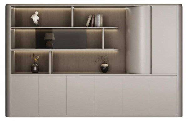 Moderno armadio da ufficio con ripiani aperti e un'illuminazione elegante