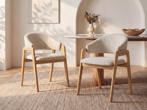 Sedia con braccioli in Tessuto e Legno di hevea Beige - Lotto di 2 - SOLUNA