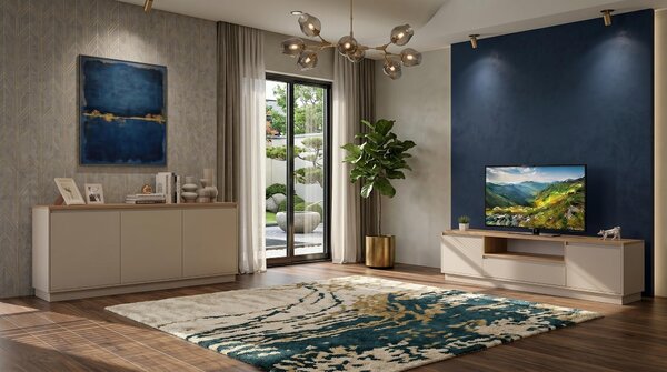 Set di mobili per soggiorno color beige, composto da: mobile TV, consolle, e mobile TV. Arredamento moderno per soggiorno