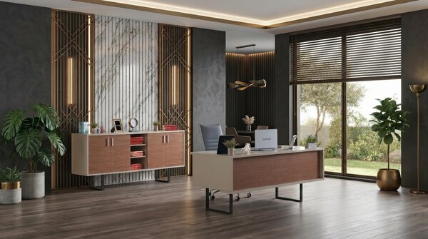 Set da ufficio color beige, composto da una scrivania grande, un armadio e elementi moderni per l'arredamento di uno studio