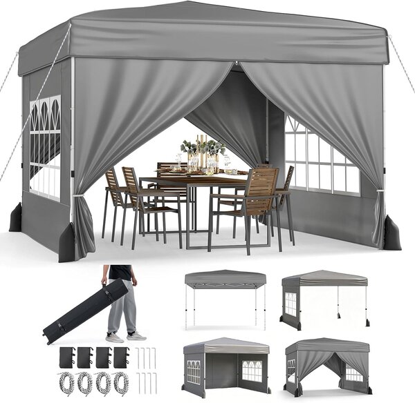Padiglione pop-up da 3x3 metri, impermeabile, con 4 pareti laterali e 4 sacchi di sabbia. Gazebo da giardino regolabile in altezza (3 posizioni), con borsa a rotelle, ideale per spiaggia, matrimoni e campeggio, colore grigio