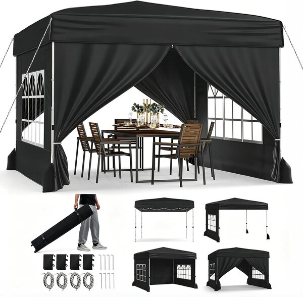 Padiglione pop-up da 3x3 metri, impermeabile, con 4 pareti laterali e 4 sacchi di sabbia. Gazebo da giardino regolabile in altezza (3 posizioni), con borsa a rotelle, ideale per spiaggia, matrimoni e campeggio, colore nero