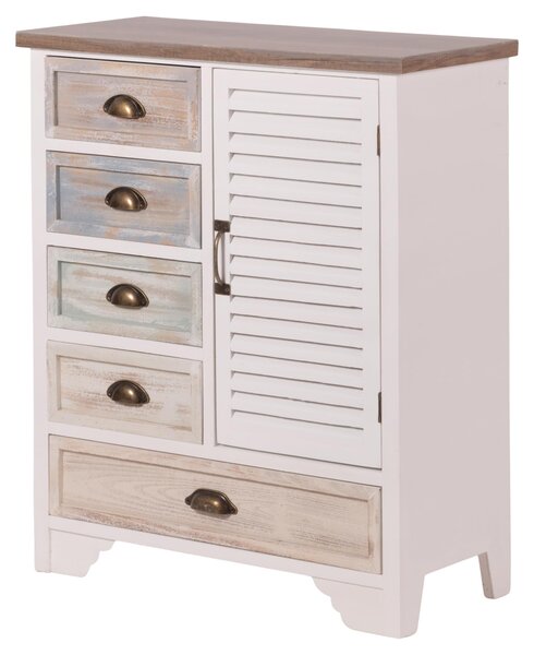 Comodino, 5 cassetti, 1 anta, legno di pino, stile shabby chic, 71x33x88 cm