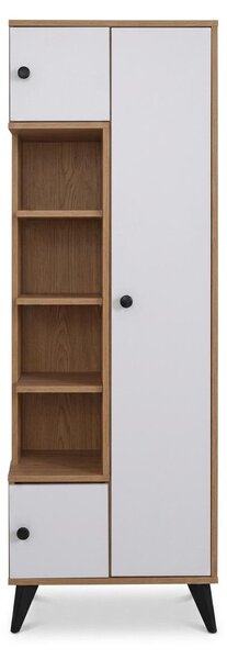 Libreria bianca in legno, mobile contenitore con ripiani, arredamento di design, soggiorno